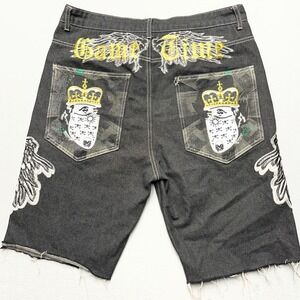 Y2K Game Time Embroidered Denim Short Wing Crown Bandana Baggy Jorts L 38(34/35)